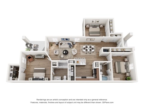 A 3D floor plan of a house with a kitchen, living room, and two bedrooms.